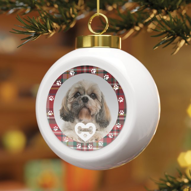 Boule En Céramique Plaid Shih Tzu Pet Photo Papa Maman Fêtes de Noël (Pet Dog Plaid Paw Prints Christmas Holiday Ornament)