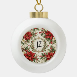 Boule En Céramique Poinsettia et houx de Noël vintage
