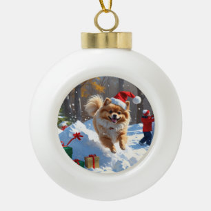 Boule En Céramique Pomeranian courant dans la neige avec un chapeau d