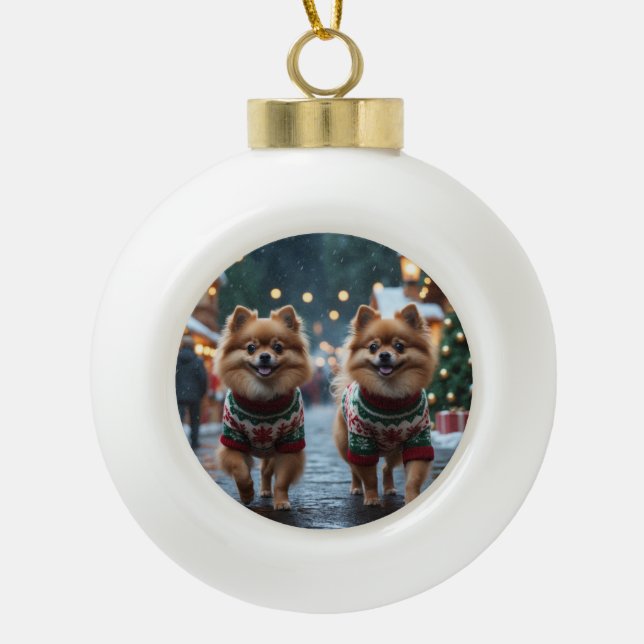Boule En Céramique Pomeranian Dogs Christmas Snow Holiday  (Devant)