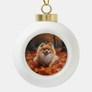 Boule En Céramique Poméranie dans les feuilles d'automne chute inspir