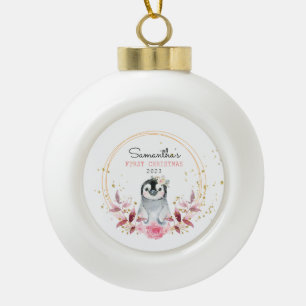 Boule En Céramique Premier pingouin de Noël du bébé