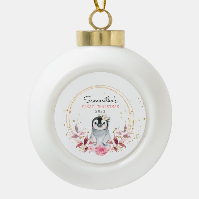 Boule En Céramique Premier pingouin de Noël du bébé (Devant)