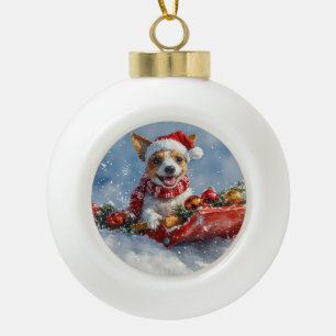 Boule En Céramique Rat Terrier Chien en Traîneau Qu'il neige Noël