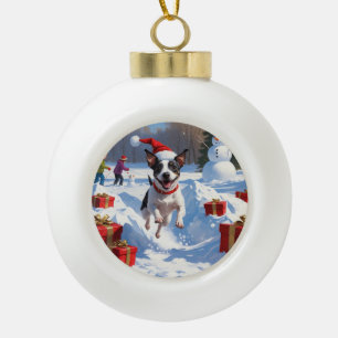Boule En Céramique Rat Terrier courant dans la neige avec un chapeau