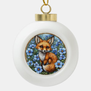 Boule En Céramique Renard adorable entouré de fleurs bleues vibrantes
