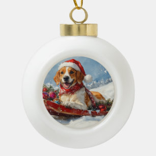 Boule En Céramique Renard anglais américain Foxhound en traîneau Noël