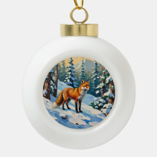 Boule En Céramique Renard vintage dans les bois enneigés - Peinture d