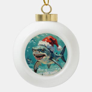 Boule En Céramique Requin vintage avec chapeau de Père Noël Art de No