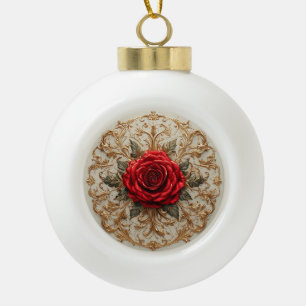 Boule En Céramique Rose rouge élégante avec motif floral orné doré