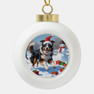 Boule En Céramique Rough Collie Courir dans la neige avec le Casquett