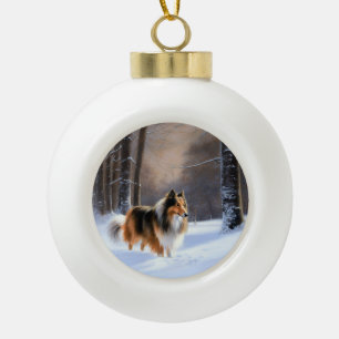 Boule En Céramique Rough Collie Laisser Neige Noël