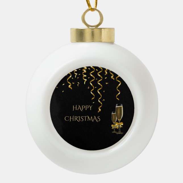 Boule En Céramique Rubans dorés et Champagne Noël (Devant)