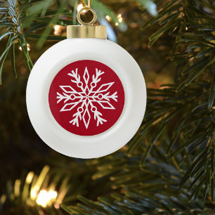 Boule En Céramique Ruby Red Festive Noël Blanc Flocons de Neige