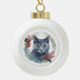 Boule En Céramique Russe Blue Chat Noël Wreath Festive Kitten