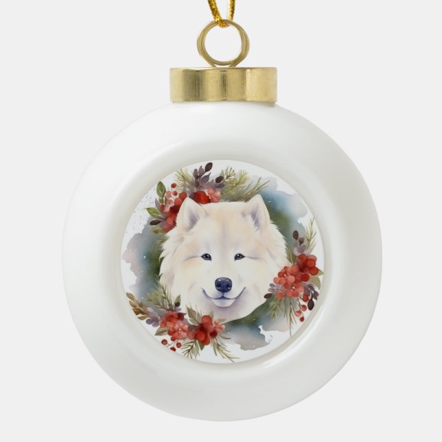 Boule En Céramique Samoyed Christmas Wreath Festive Pup (Devant)