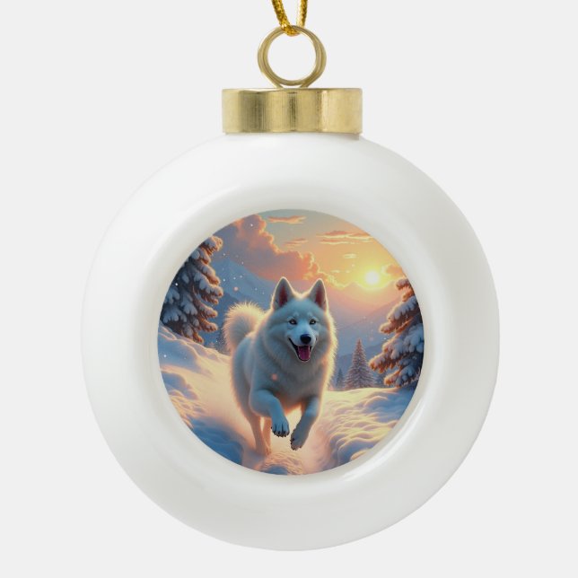 Boule En Céramique Samoyed Snowy Mountain Adventure Christmas (Devant)