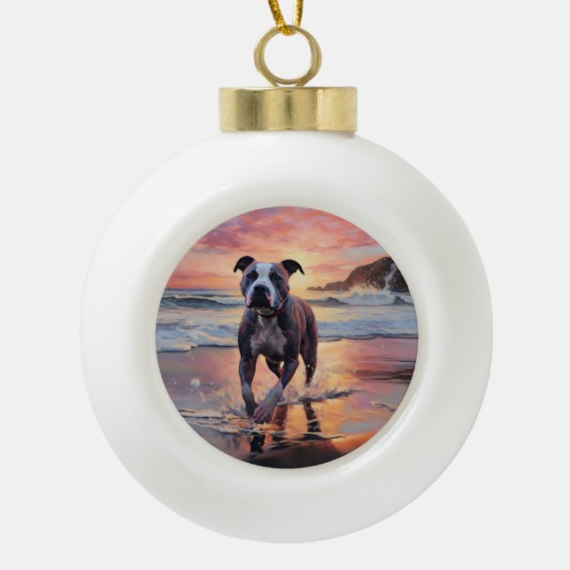 Boule En Céramique Sandy American Staffordshire Dog on Beach Sunset (Devant)