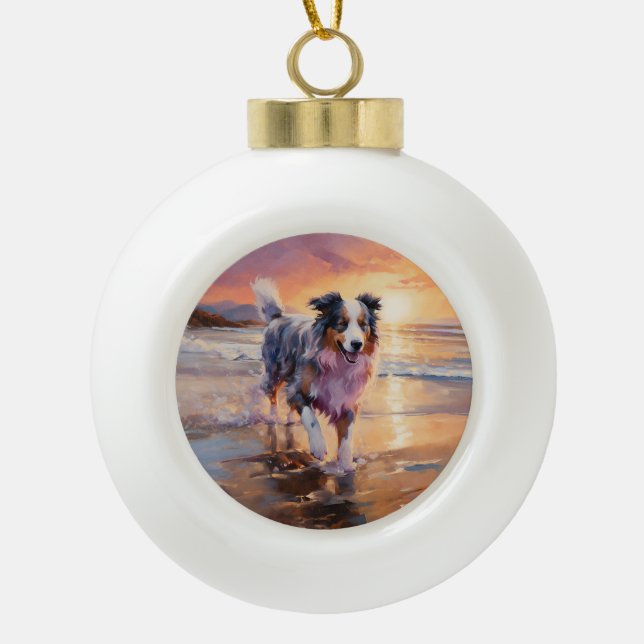 Boule En Céramique Sandy Australian Shepherd Dog on Beach Sunset (Devant)