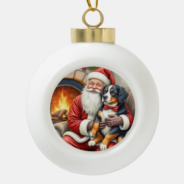 Boule En Céramique Santa Claus Holding Bernese Mountain Dog Christmas (Devant)