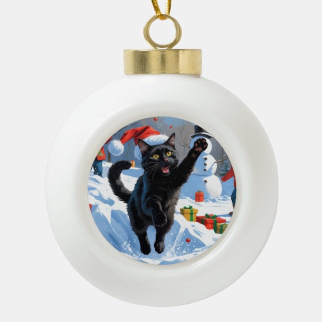 Boule En Céramique Scène de fête de Noël de chat noir (Devant)