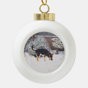Boule En Céramique Scène de neige d'hiver avec le chien noir et