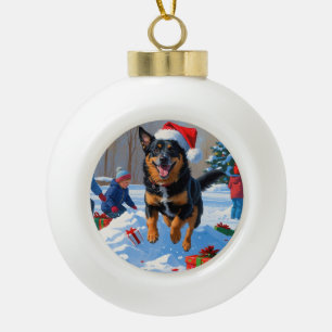 Boule En Céramique Scène de neige festive de Noël avec Malinois Belge