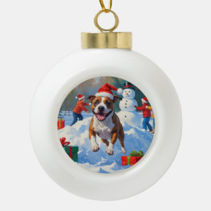 Boule En Céramique Scène de neige festive de Noël avec un Bull Terrie