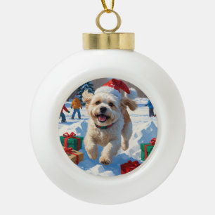 Boule En Céramique Scène de neige festive de Noël Bichon Frise
