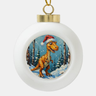 Boule En Céramique Scène de Noël avec dinosaure vintage et chapeau de