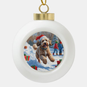 Boule En Céramique Scène de Noël enneigée avec un Bernedoodle festif