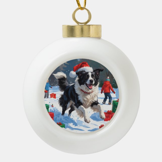 Boule En Céramique Scène de Noël festive Border Collie enneigée (Devant)