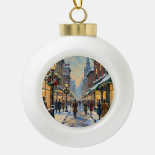 Boule En Céramique Scène de rue de ville enneigée de Noël vintage