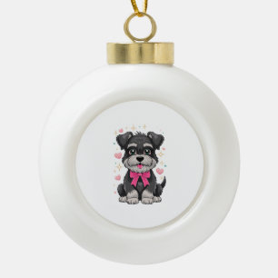 Boule En Céramique Schnauzer mignon avec noeud rose entouré de coeurs