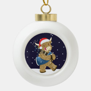 Boule En Céramique Scottish Highland Cow Christmas Piper