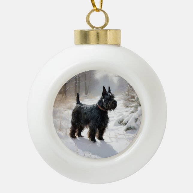 Boule En Céramique Scottish Terrier Laisser Il Neige Noël (Devant)