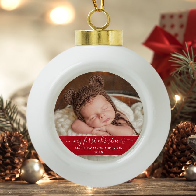 Boule En Céramique Script élégant Mon premier bébé de Noël Rouge (Customize to change text size or style.)
