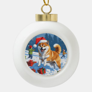 Boule En Céramique Shiba Inu courant dans la neige avec un chapeau de