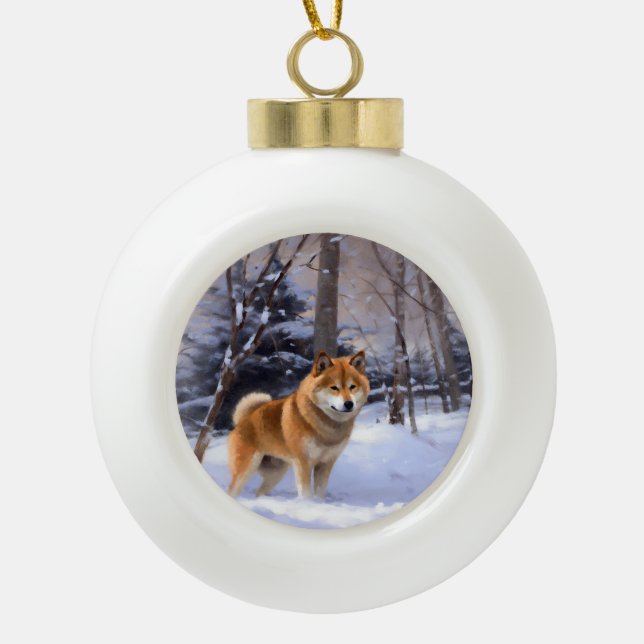 Boule En Céramique Shiba Inu Laissez Neige Noël (Devant)