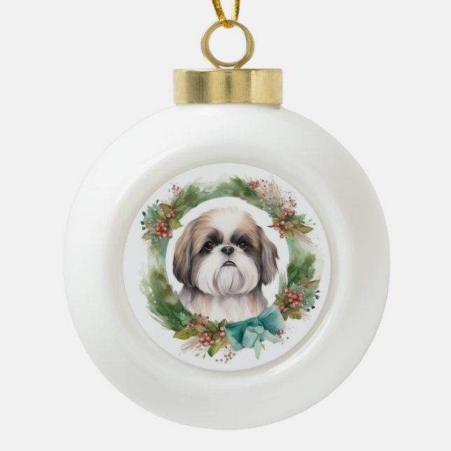 Boule En Céramique Shih Tzu Christmas Wreath Festive Pup (Devant)