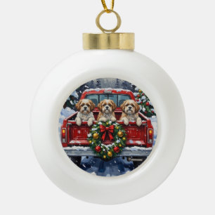Boule En Céramique Shih Tzu Noël Camion Rouge Fêtes