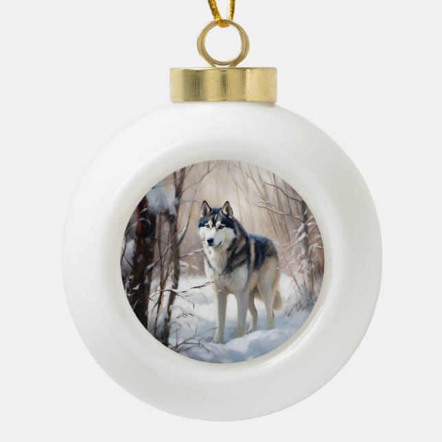 Boule En Céramique Sibérien Husky Laisser Neige Noël (Devant)