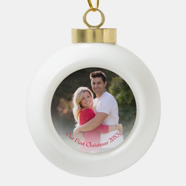 Boule En Céramique Simple photo rouge Notre premier Noël (Devant)
