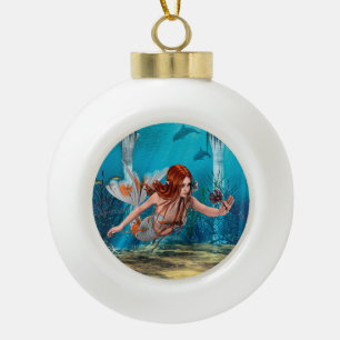 Boule En Céramique Sirenette aux Cheveux Rouges Art Fantastique Sous-