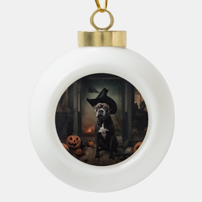 Boule En Céramique Staffordshire Terrier Citrouilles Halloween effray (Devant)