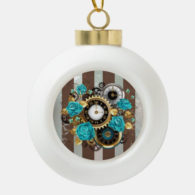 Boule En Céramique Steampunk Clock and Turquoise Roses on Striped (Devant)