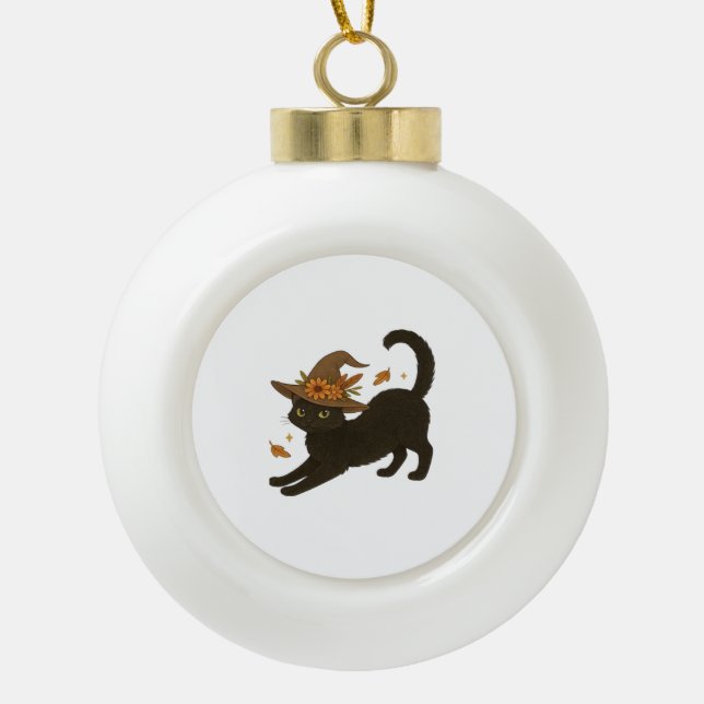 Boule En Céramique Stretting Chat Noir - Witchy Automne Classique T-S (Devant)