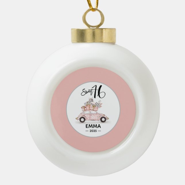 Boule En Céramique Sweet 16 Script Photo Car Pink Ornament (Devant)
