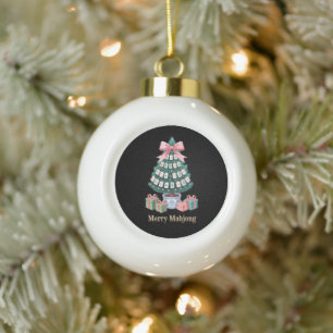 Boule En Céramique Tuile de mahjong de l'arbre de Noël avec ruban ros