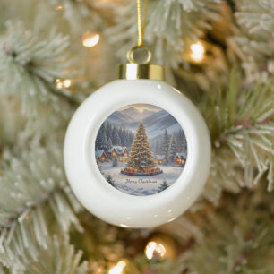 Boule En Céramique Un arbre de Noël festif dans un village de montagn